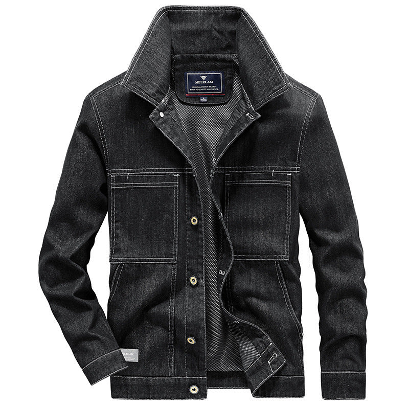 Herren Jeansjacke im Worker‑Stil mit Netzfutter und markanten Kontrastnähten Drune