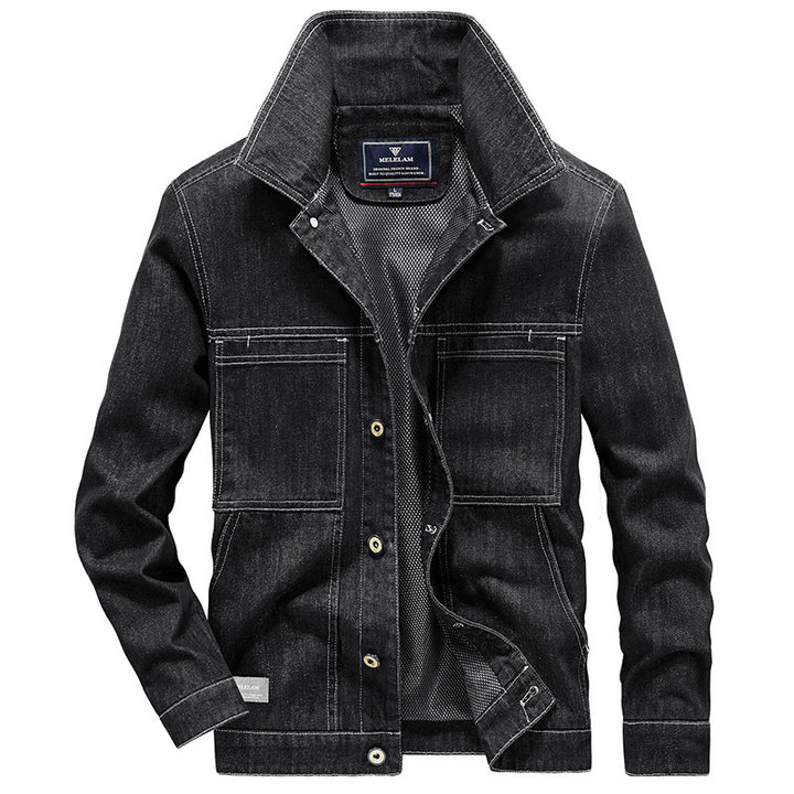 Herren Jeansjacke im Worker‑Stil mit Netzfutter und markanten Kontrastnähten Drune