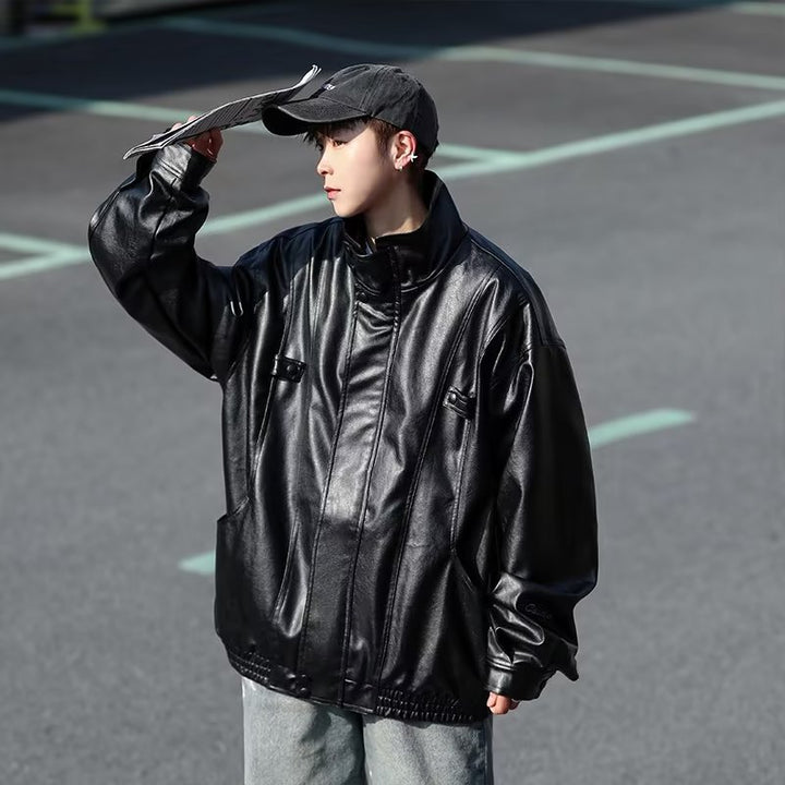 Herren Oversized Kunstlederjacke im Bomberstil mit Stehkragen und elastischem Saum Drune