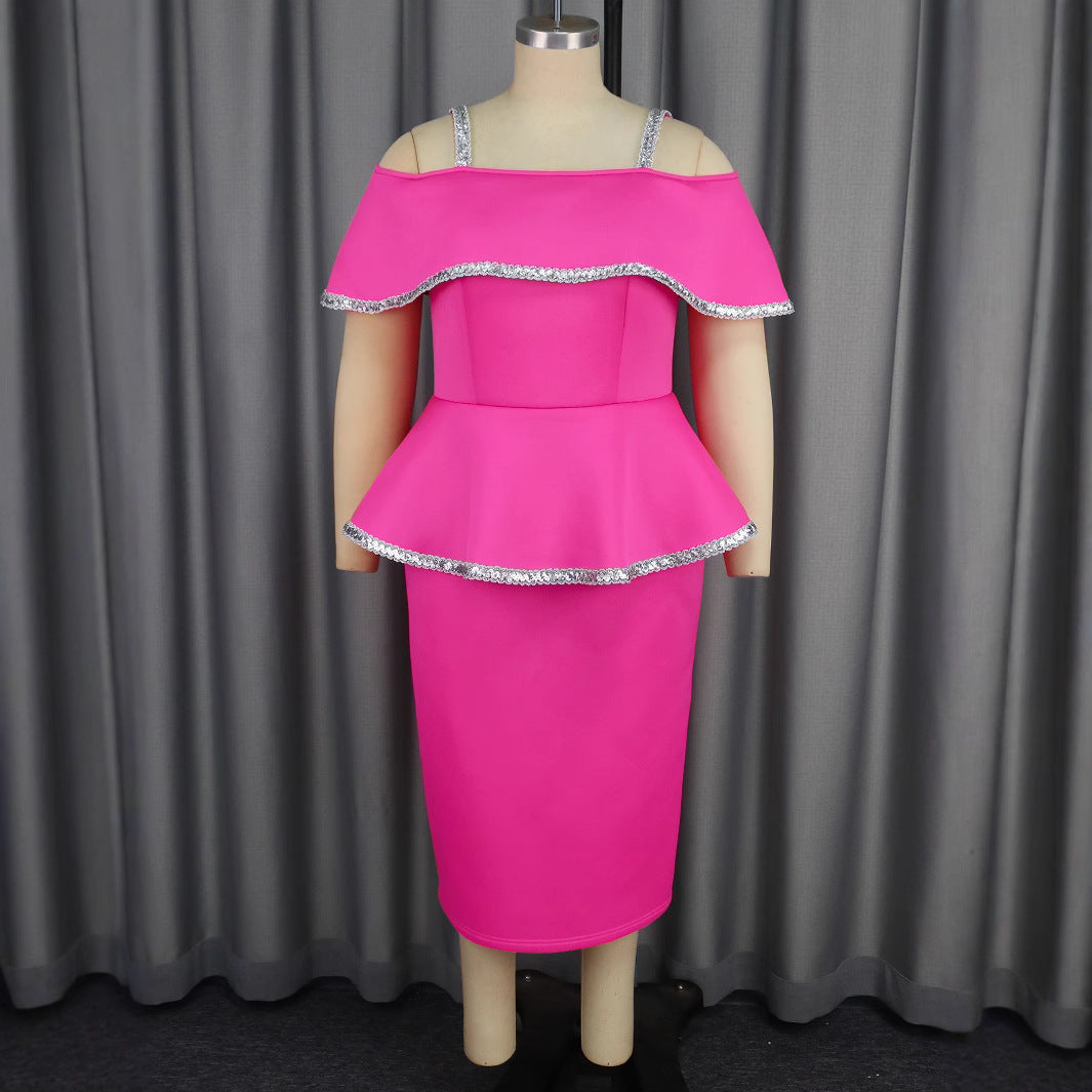Damen Elegantes Cocktailkleid mit schulterfreiem Volant und funkelnden Akzenten Drune