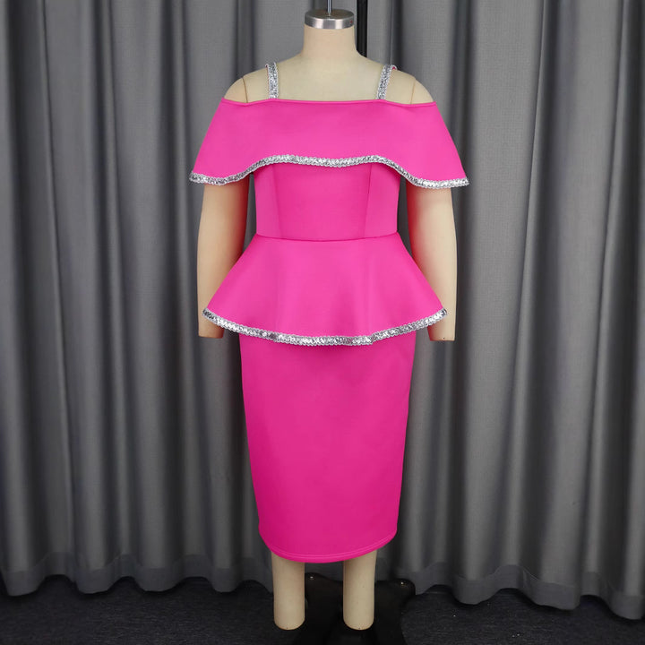 Damen Elegantes Cocktailkleid mit schulterfreiem Volant und funkelnden Akzenten Drune
