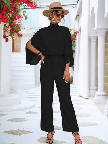 Damen Jumpsuit mit hohem Kragen und fließenden Ärmeln Drune