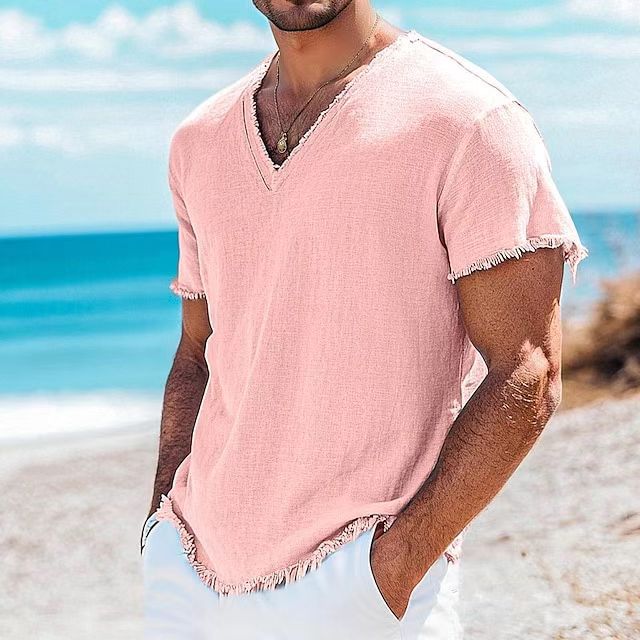 Herren lässiges V-Ausschnitt Shirt mit ausgefranstem Saum Drune