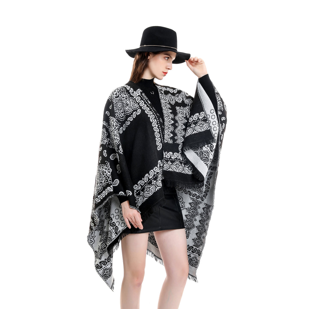 Damen Jacquard-Umhangponcho mit Paisley-Muster und Fransen Drune