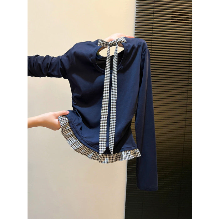 Damen Langarmshirt mit asymmetrischem Rüschenrand und dekorativem Rückenteil Drune