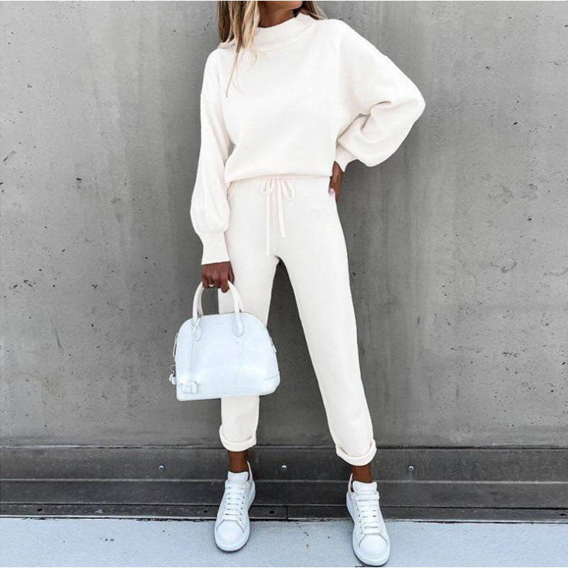 Damen Strick-Loungewear-Set mit Ballonärmeln und taillierter Jogginghose Drune