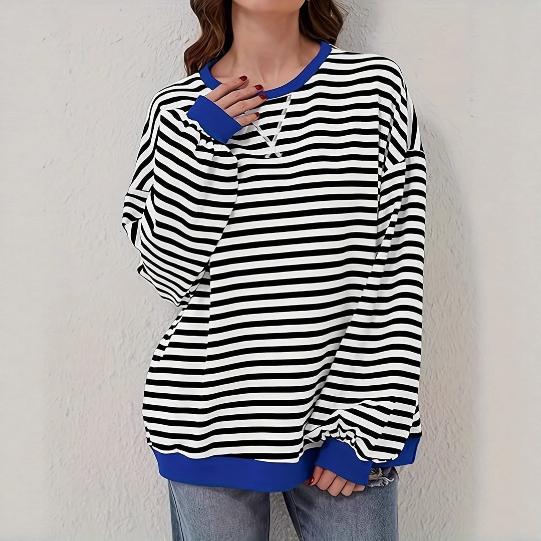 Damen Lässiges Oversize-Streifen-Sweatshirt mit Raglanärmeln und Kontrastbündchen Drune