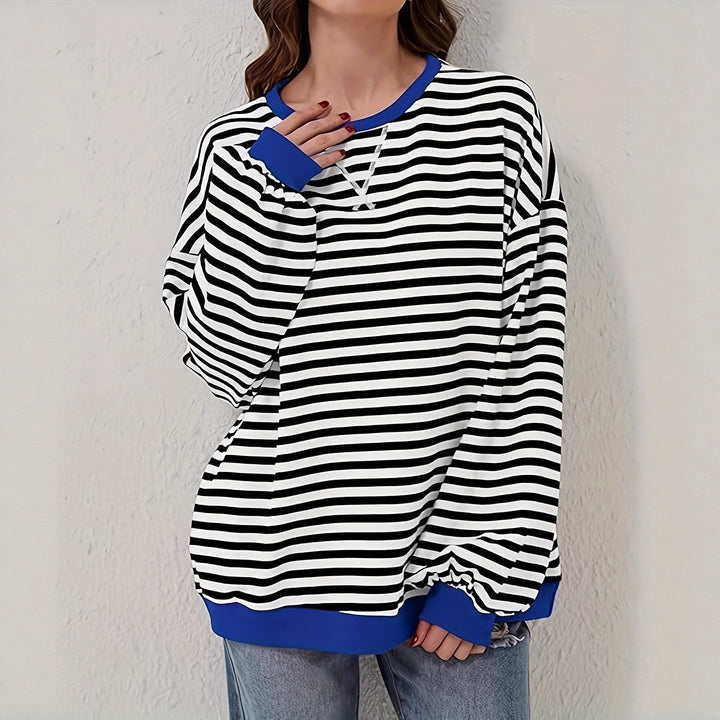 Damen Lässiges Oversize-Streifen-Sweatshirt mit Raglanärmeln und Kontrastbündchen Drune