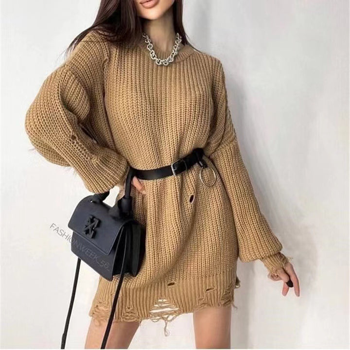 Damen Oversize Grobstrick-Minikleid mit Destroy-Effekt und Rundhalsausschnitt Drune