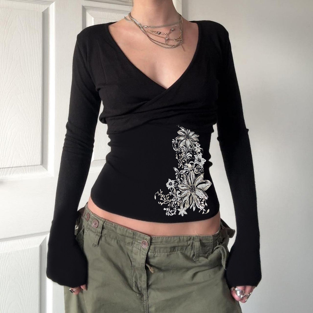 Damen Figurbetontes Wickel-Longsleeve mit tiefem V-Ausschnitt und floraler Seitenapplikation Drune