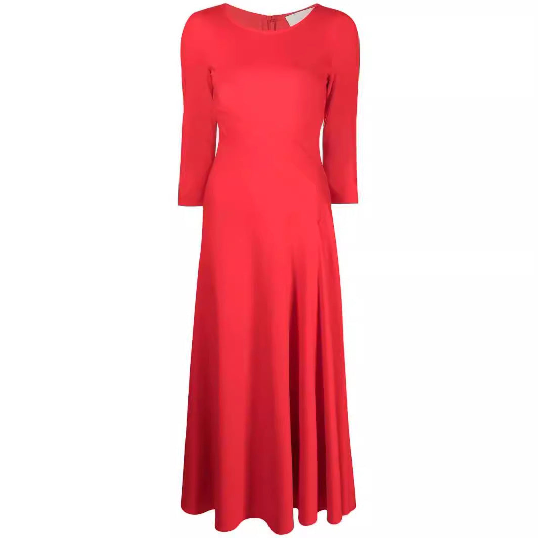 Damen Elegantes Midikleid mit tailliertem A-Linien-Schnitt und dreiviertel Ärmeln Drune
