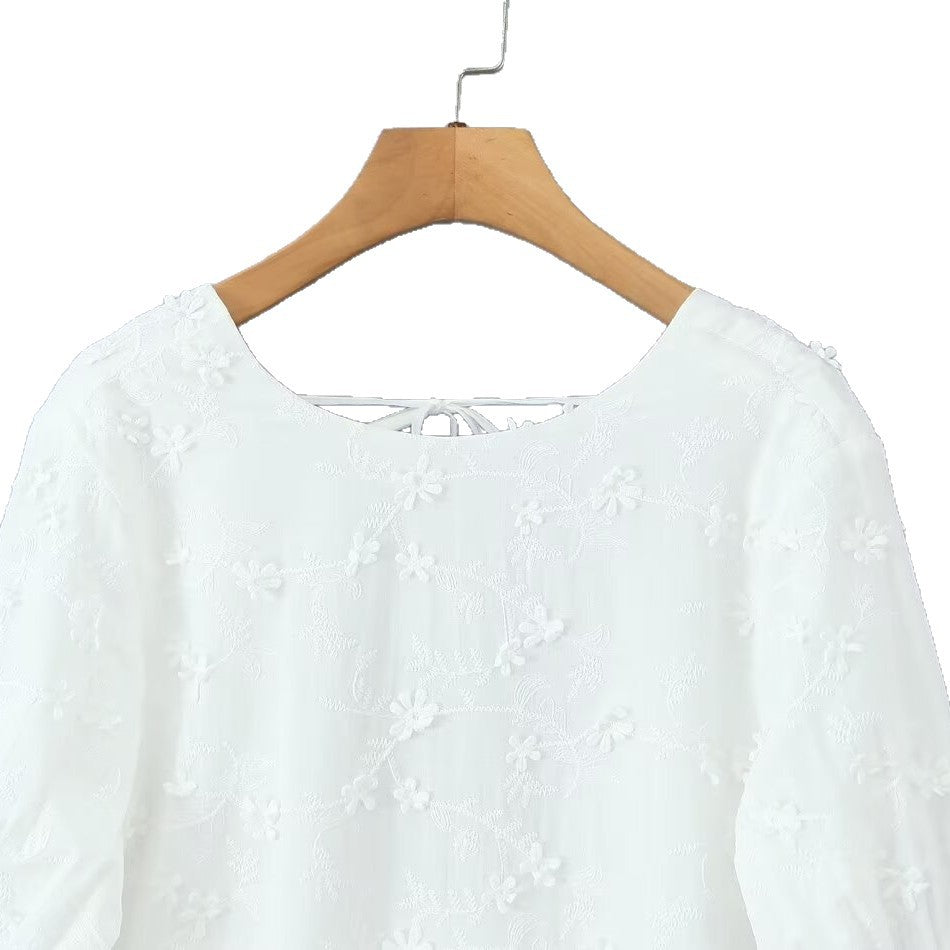 Damen luftiges Sommerkleid mit floralem Stickereidesign und voluminösen Ärmeln Drune