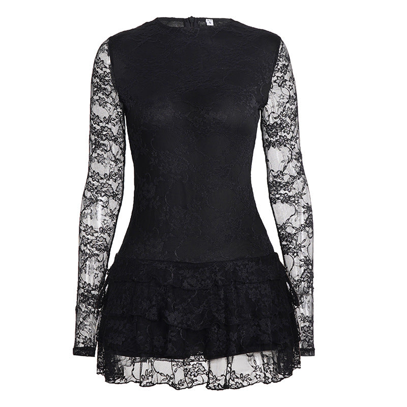 Damen Spitzenkleid mit voluminösen Rüschendetails und langem Arm Drune