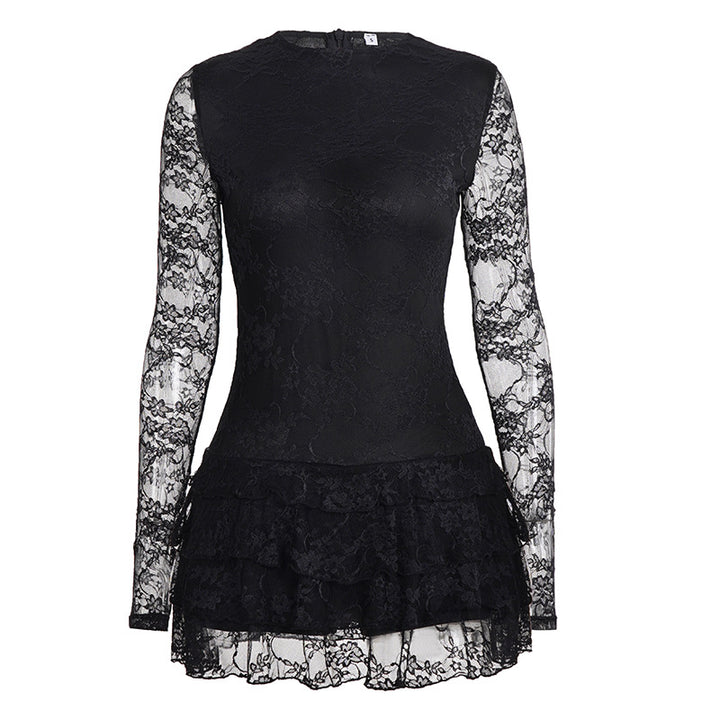 Damen Spitzenkleid mit voluminösen Rüschendetails und langem Arm Drune