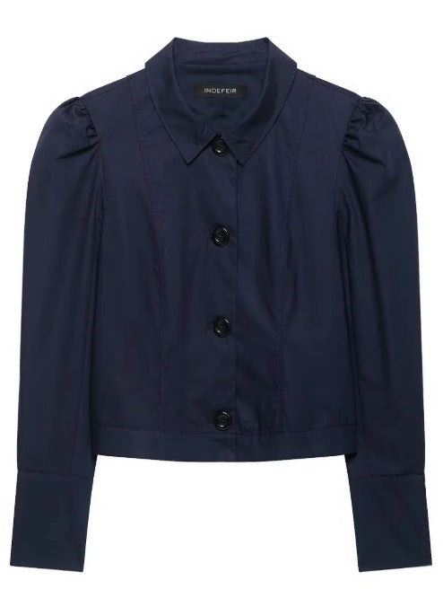 Damen Cropped Blousonjacke mit Puffärmeln, Hemdkragen und verlängerten Manschetten Drune