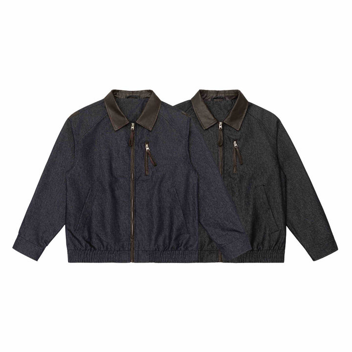 Herren Kurzblouson im Boxy-Cut aus Woll-Denimmix mit lederbesetztem Kragen und vertikaler Reißverschluss-Brusttasche Drune