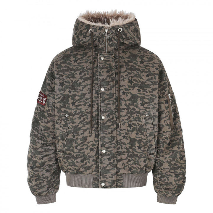 Unisex Weitgeschnittene wattierte Bomberjacke mit Kapuze und Kunstfellbesatz Drune
