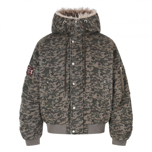 Unisex Weitgeschnittene wattierte Bomberjacke mit Kapuze und Kunstfellbesatz Drune