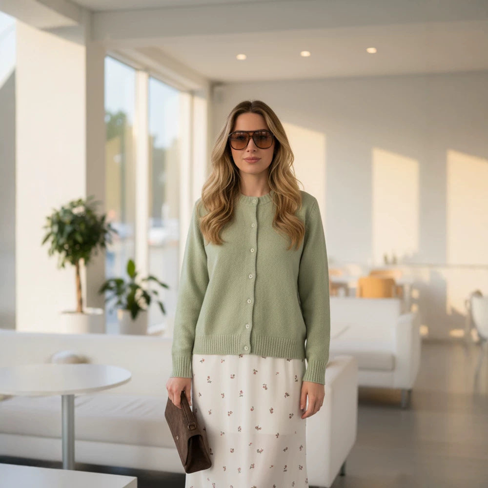 Damen Feinstrick-Cardigan mit Rundhals, durchgehender Knopfleiste & Rippbündchen Drune