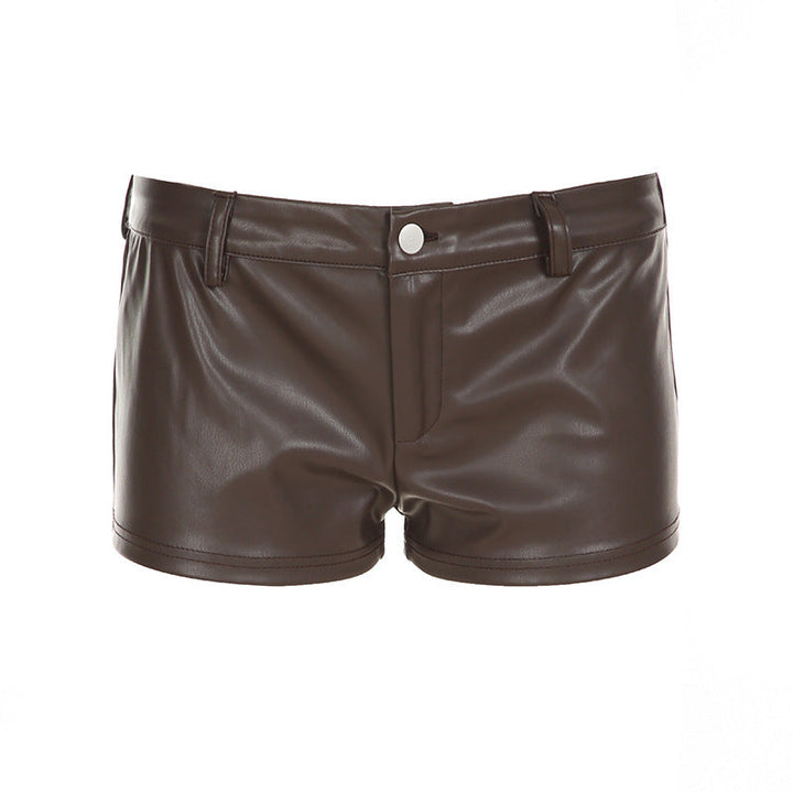 Damen Kunstleder-Shorts mit dekorativen Knopfdetails Drune