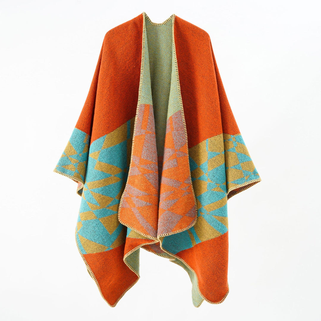 Damen Großer Strickponcho im Cape‑Schnitt mit Ziernaht und geometrischem Intarsia Drune