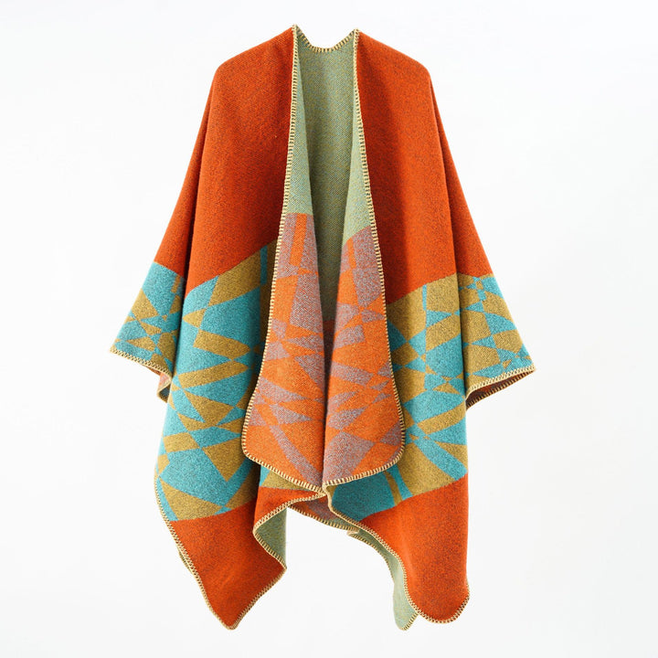 Damen Großer Strickponcho im Cape‑Schnitt mit Ziernaht und geometrischem Intarsia Drune