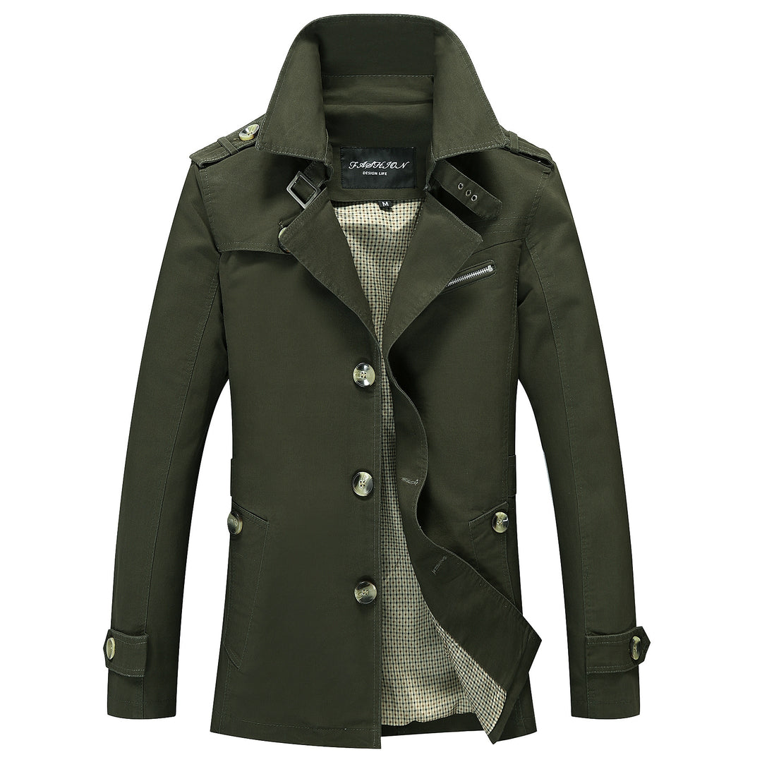 Herren Moderner Field-Trenchcoat mit Stehkragen, Schulterepauletten und kariertem Innenfutter Drune