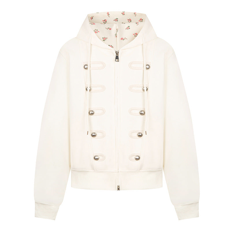 Damen Kapuzen-Sweatjacke mit dekorativen Schlaufen und Metallknopf-Details Drune