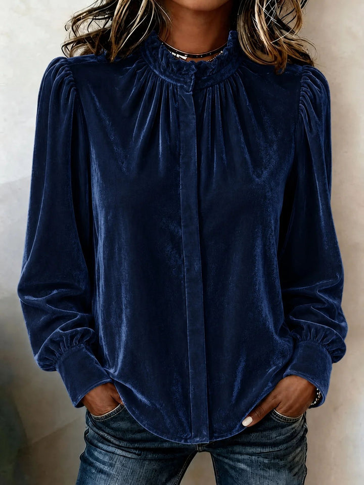 Damen Samtbluse mit Rüschen-Stehkragen, verdeckter Knopfleiste und gerafften Ballonärmeln Drune