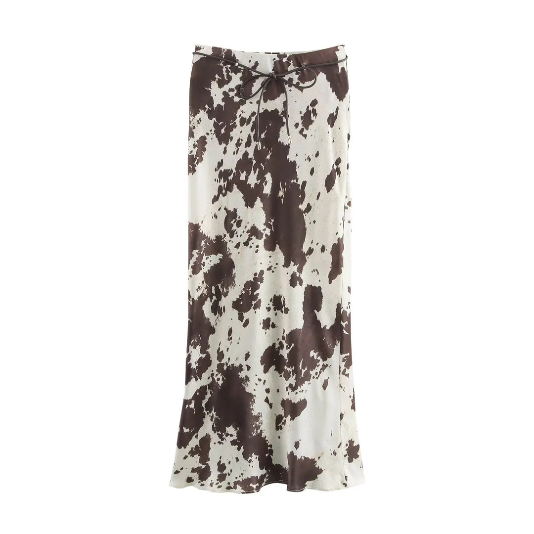 Damen 70+ weite seidige Hemdbluse mit Cow‑Print und verdeckter Knopfleiste Drune