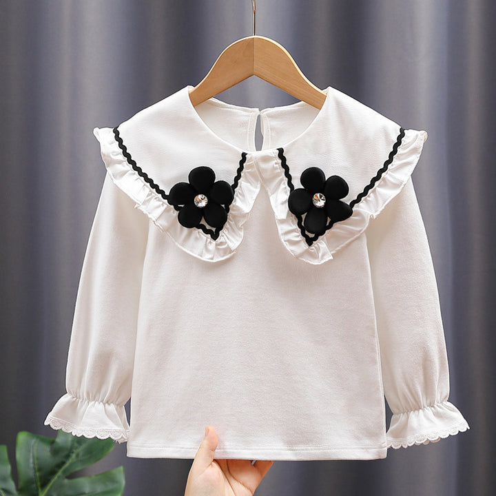 Damen Bluse mit großen Kragen und floralen Applikationen Drune