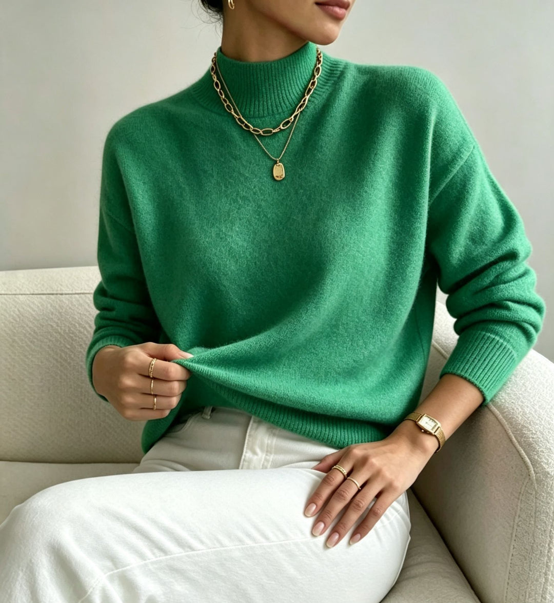 Damen kuscheliger Feinstrickpullover mit Stehkragen und überschnittener Schulter Drune
