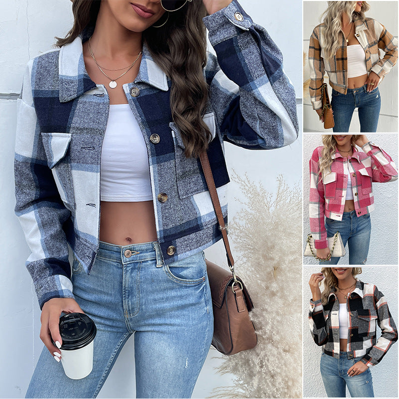 Damen Kurz geschnittene karierte Overshirt‑Jacke mit Brustklappen und Holzknöpfen Drune