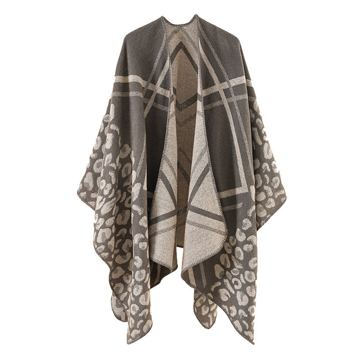 Damen Oversize-Ruana-Poncho mit Jacquardmix, Leoparden- und Karomuster Drune