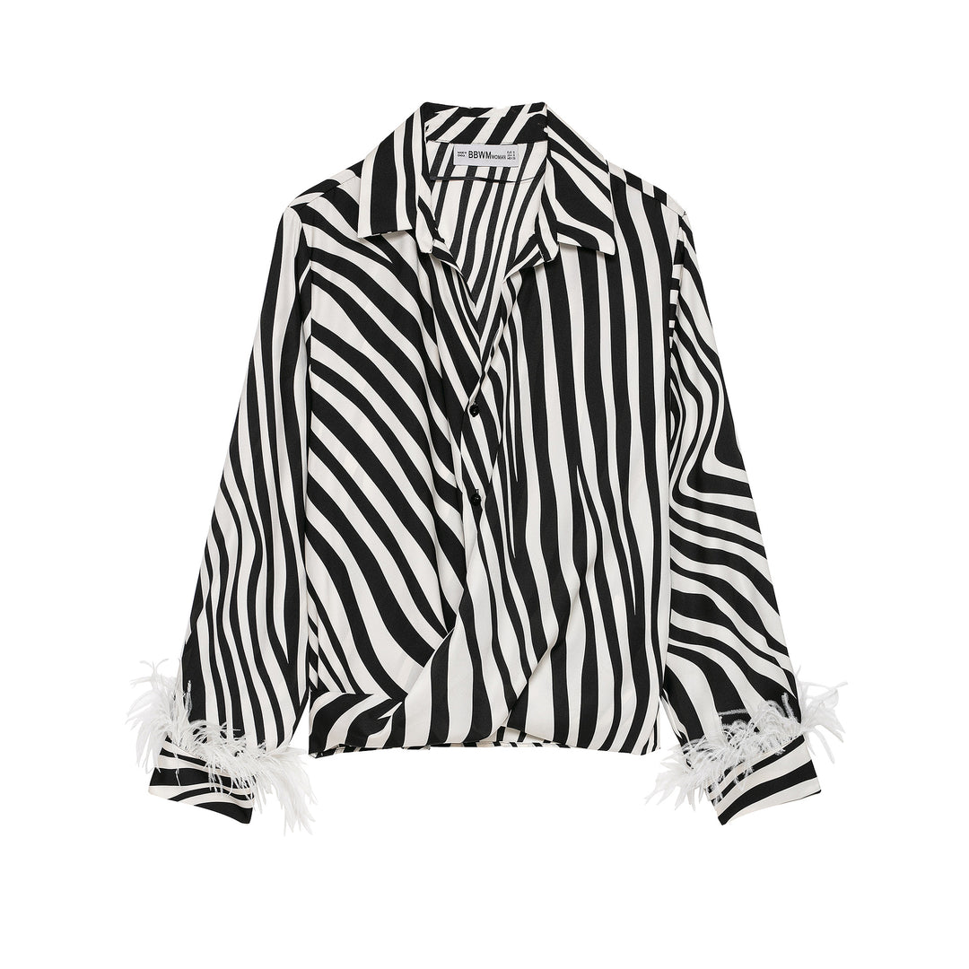 Damen Gestreifte Cropped-Bluse im Hemdstyle mit Federbesatz Drune