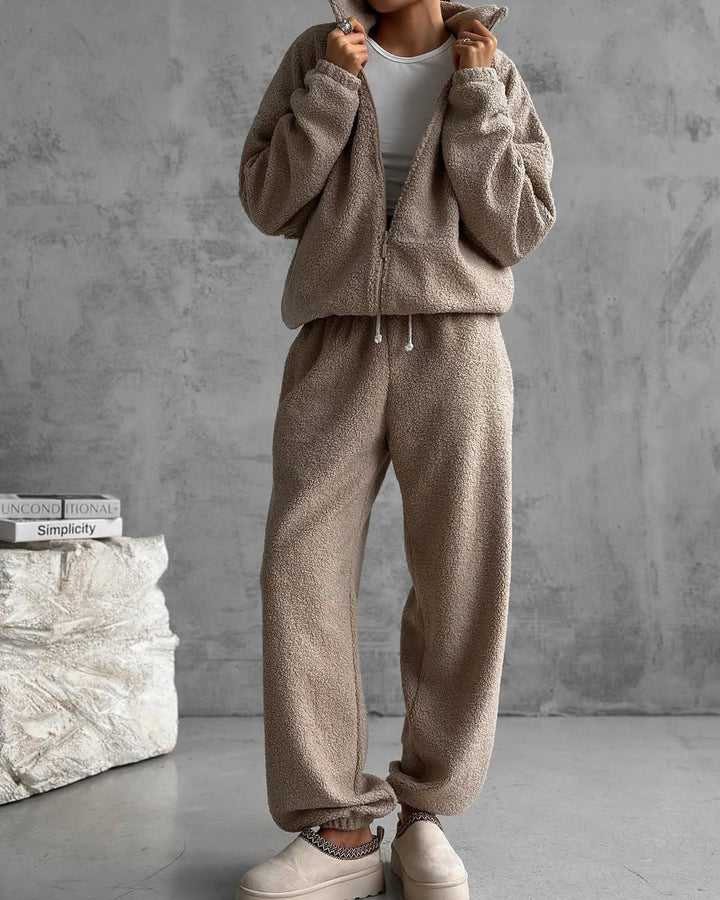 Damen Teddy-Fleece Loungewear-Set mit Reißverschlussjacke und Kordelzug-Hose Drune