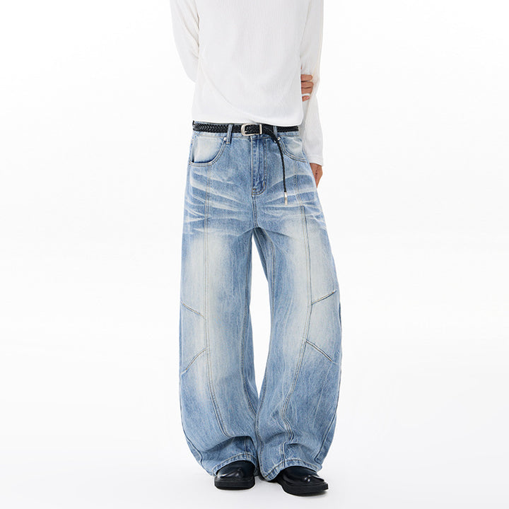 Unisex Extravagante weite Denim-Palazzohose mit tiefem Schritt und markanten Paneilnähten Drune
