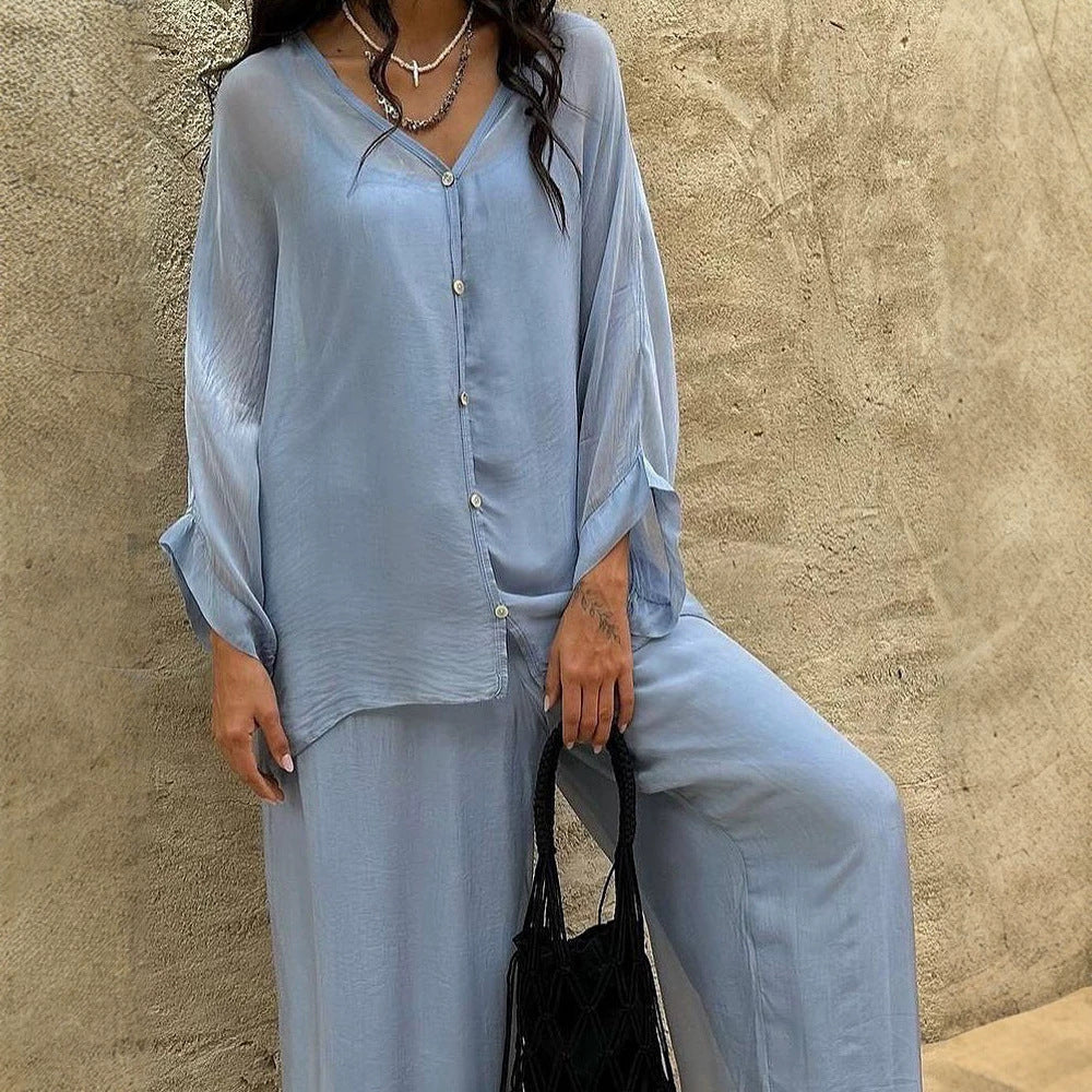 Damen Dreiteiliges Loungewear-Set aus leichter Viskose mit Oversize-Bluse, Top und weiter Palazzohose Drune