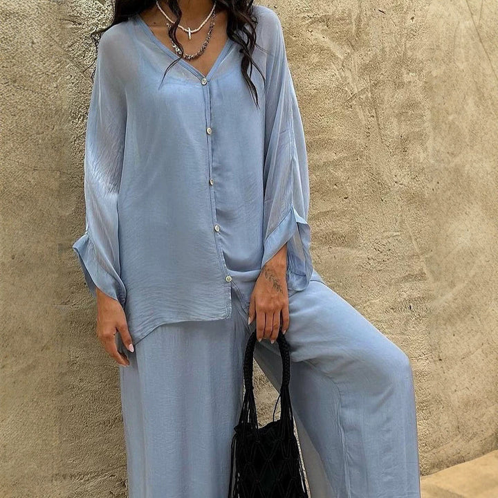 Damen Dreiteiliges Loungewear-Set aus leichter Viskose mit Oversize-Bluse, Top und weiter Palazzohose Drune