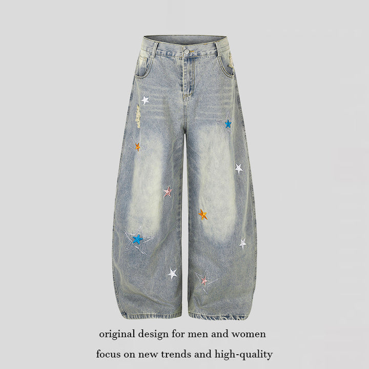 Damen Weite High-Waist Palazzo-Jeans mit Stern-Stickereien und Used-Effekt Drune