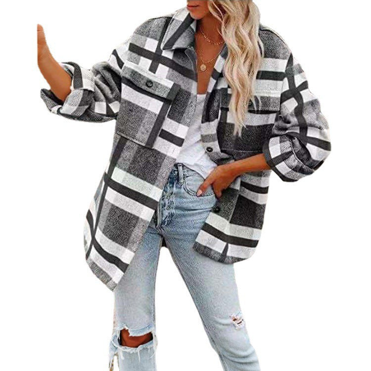 Damen Oversize-Karo-Hemdjacke mit Brusttaschen und weichem Flanell Drune