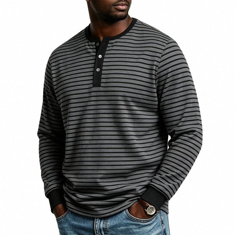 Herren Gestreiftes Langarm-Henleyshirt aus Baumwollmischung mit Knopfleiste Drune