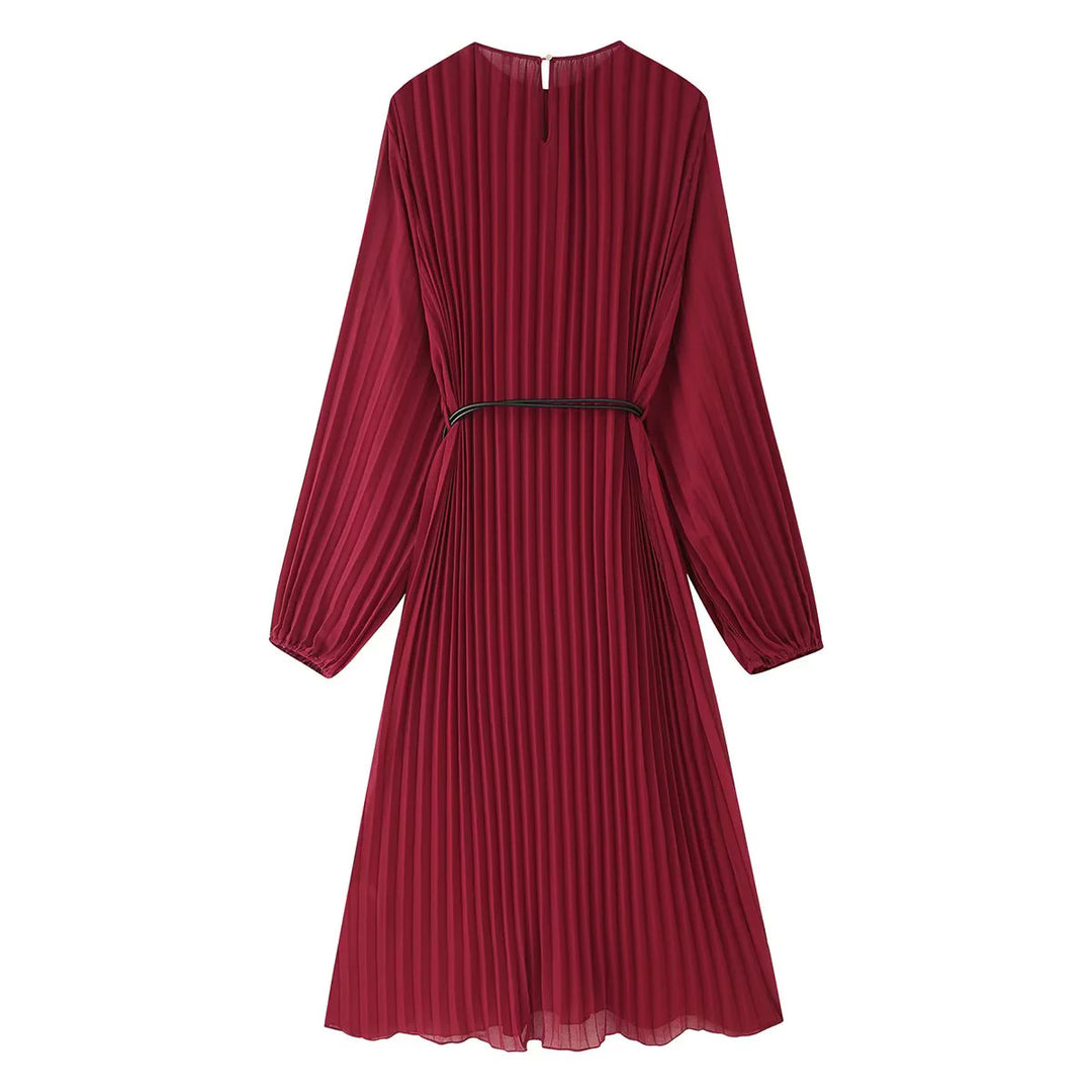 Damen nan plissiertes Midikleid mit langen Ärmeln, Tunnelzug-Taille und feinem Metallring-Gürtel Drune