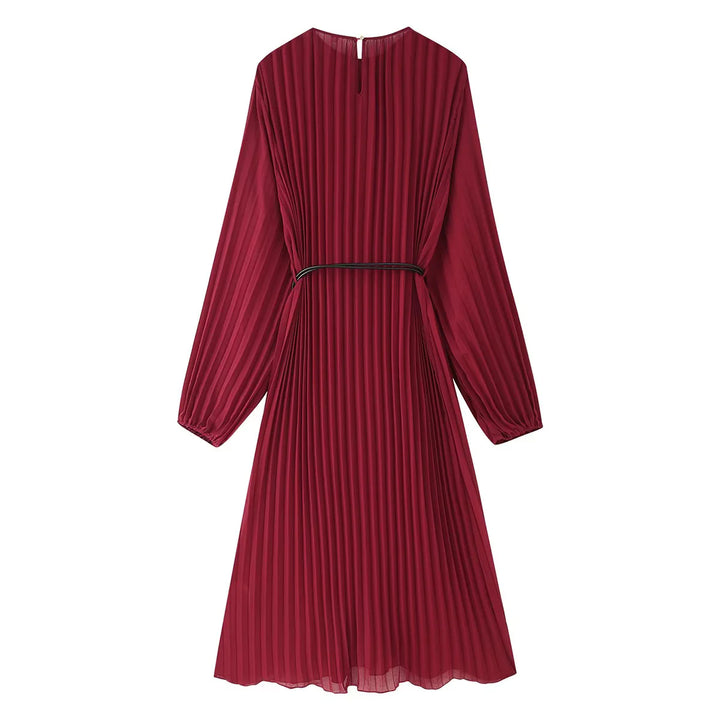 Damen nan plissiertes Midikleid mit langen Ärmeln, Tunnelzug-Taille und feinem Metallring-Gürtel Drune