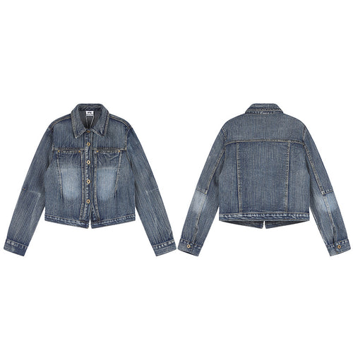 Damen Kurz geschnittene Boxy-Denimjacke mit Vintage-Washed-Effekt und durchgehender Knopfleiste Drune