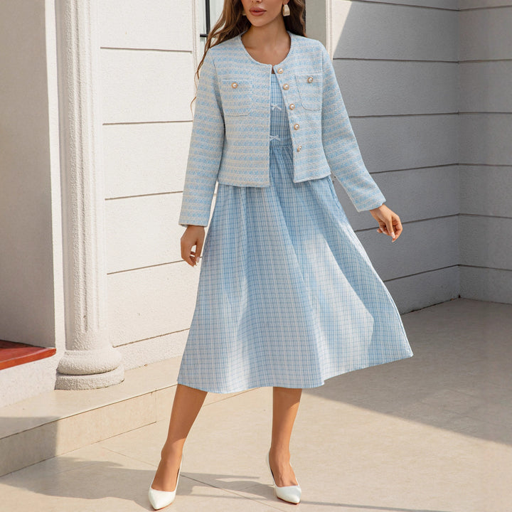 Damen Zweiteiliges Bouclé-Jacken-Set mit tailliertem Gingham-Midikleid Drune