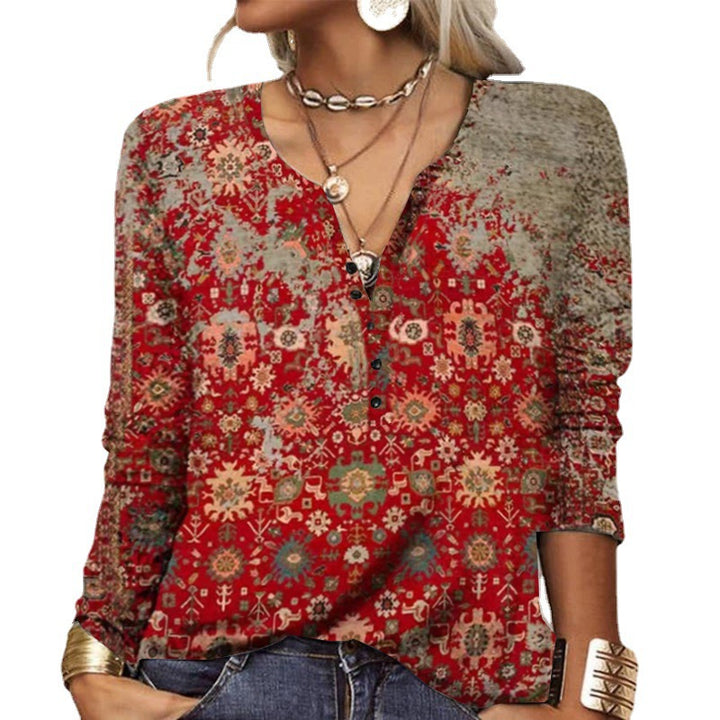 Damen Lockeres Langarm‑Henleyshirt mit V‑Ausschnitt, Knopfleiste und Ombre‑Print Drune