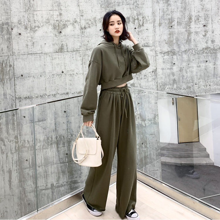Damen modisches und lässiges Loungewear-Set mit cropped Kapuzenpullover und weiten Hosen Drune