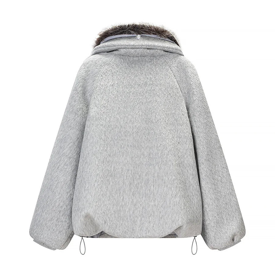 Damen nan kurze oversized Wollmixjacke mit voluminösem Kunstfellkragen und aufgesetzten Klappentaschen Drune