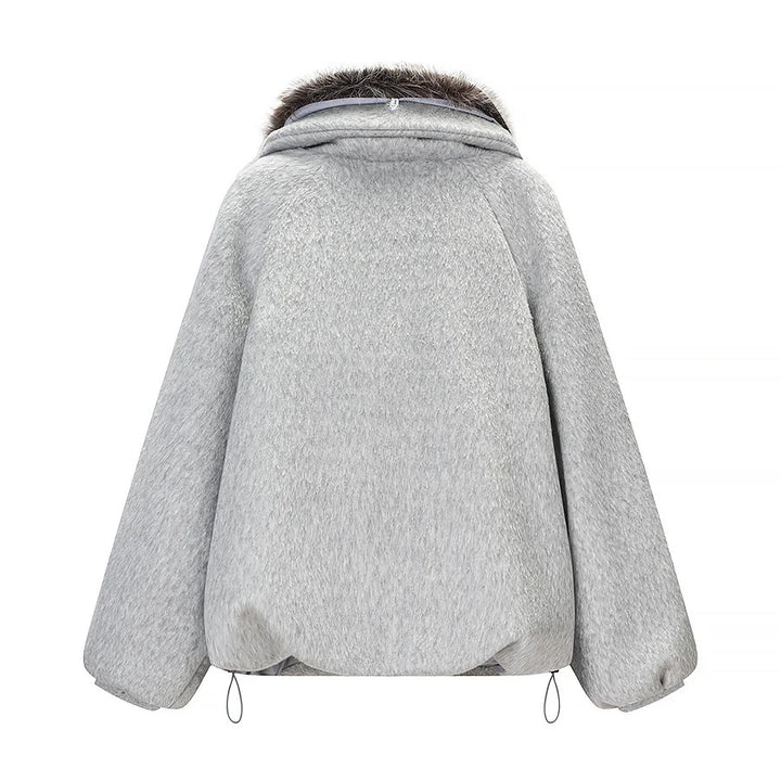 Damen nan kurze oversized Wollmixjacke mit voluminösem Kunstfellkragen und aufgesetzten Klappentaschen Drune